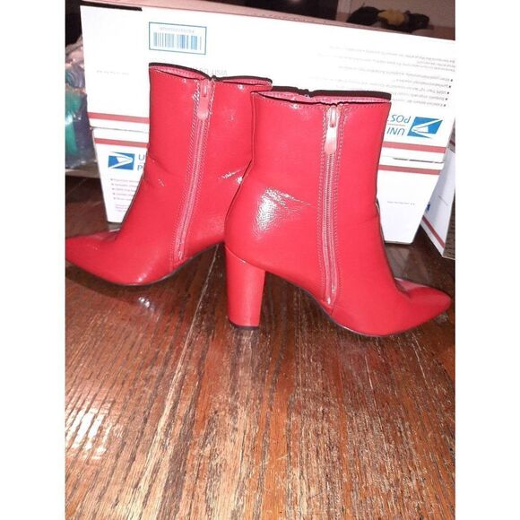 Size 8 Dream Pairs Red Chunky High Heel Booties Ankle Boots Shoes Double Zipper - Picture 4 of 5